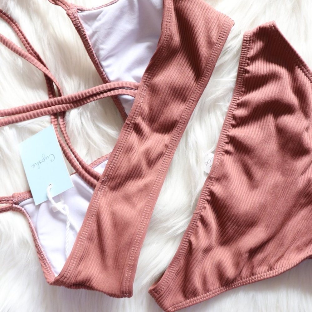 Dusty Rose Ribbed Bikini Set Size Small - Picture 5 of 7